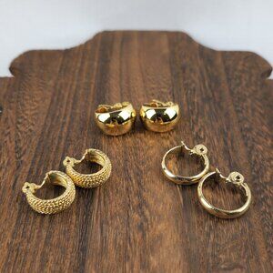 Monet Gold Tone Huggie Hoop Earrings Set Of 3 Post & Clip-Ons Vintage Signed